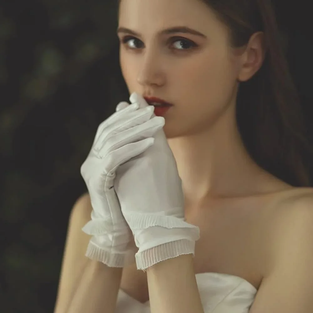 Women's White Short Length Satin Wrist Gloves Stretchy Wedding Party Prom